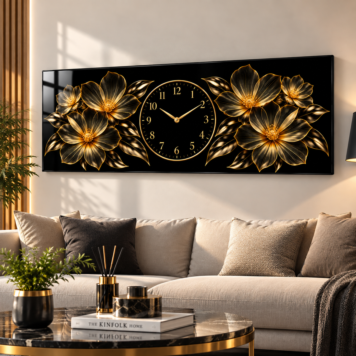 Siyah gold çiçekli panoramik cam duvar saati premium salon
