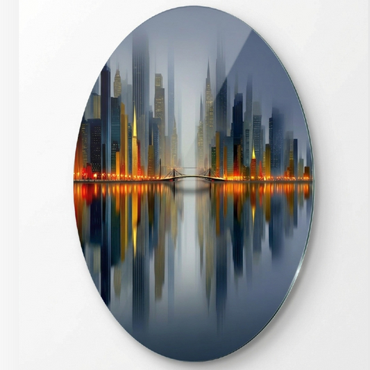 Modern Gece Şehir Manzarası Oval Oval Dikey Cam Tablo