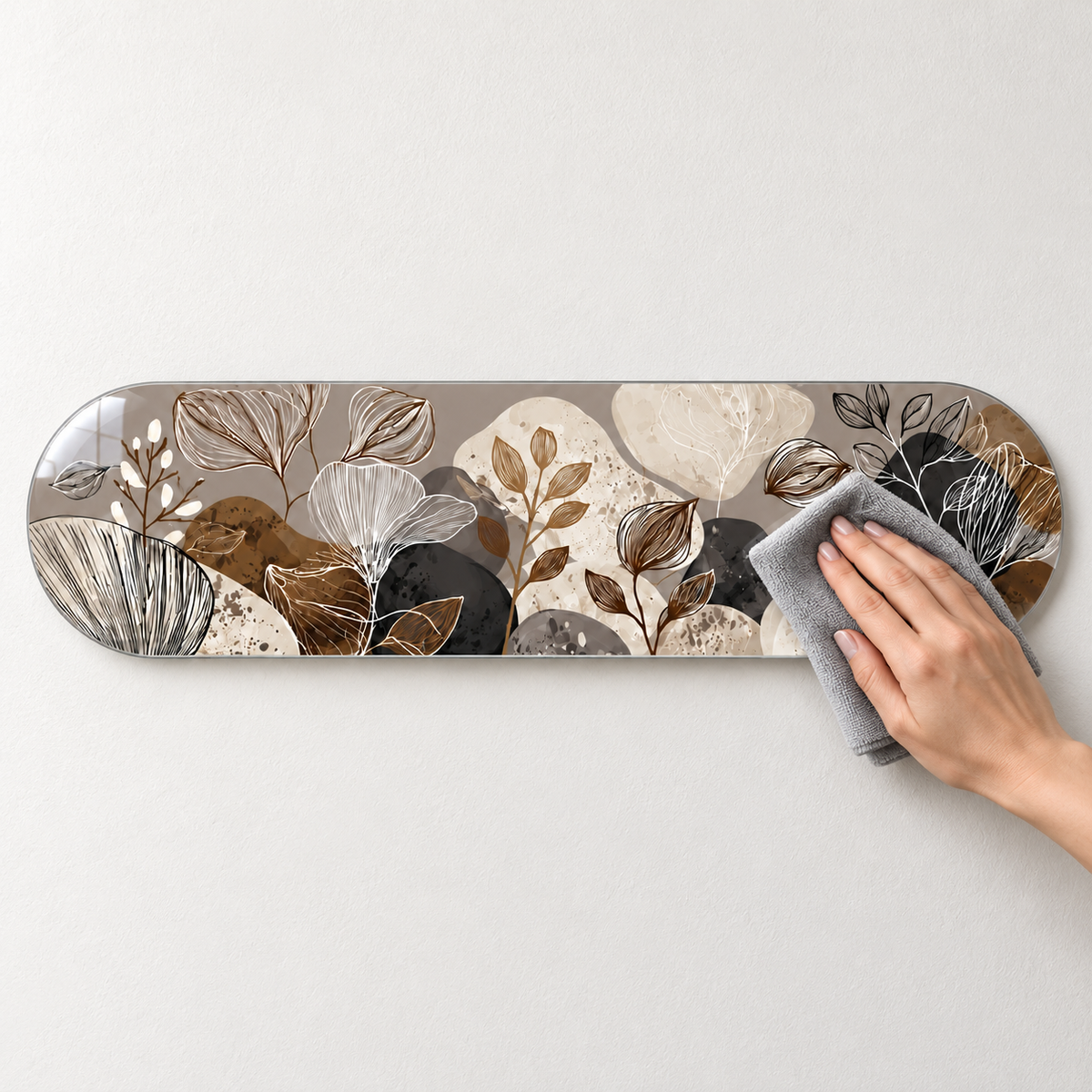 Bej Toprak Tonlarında Soyut Botanik Yatay Skate Board Cam Tablo — Yumuşak mikrofiber bezle temizlik