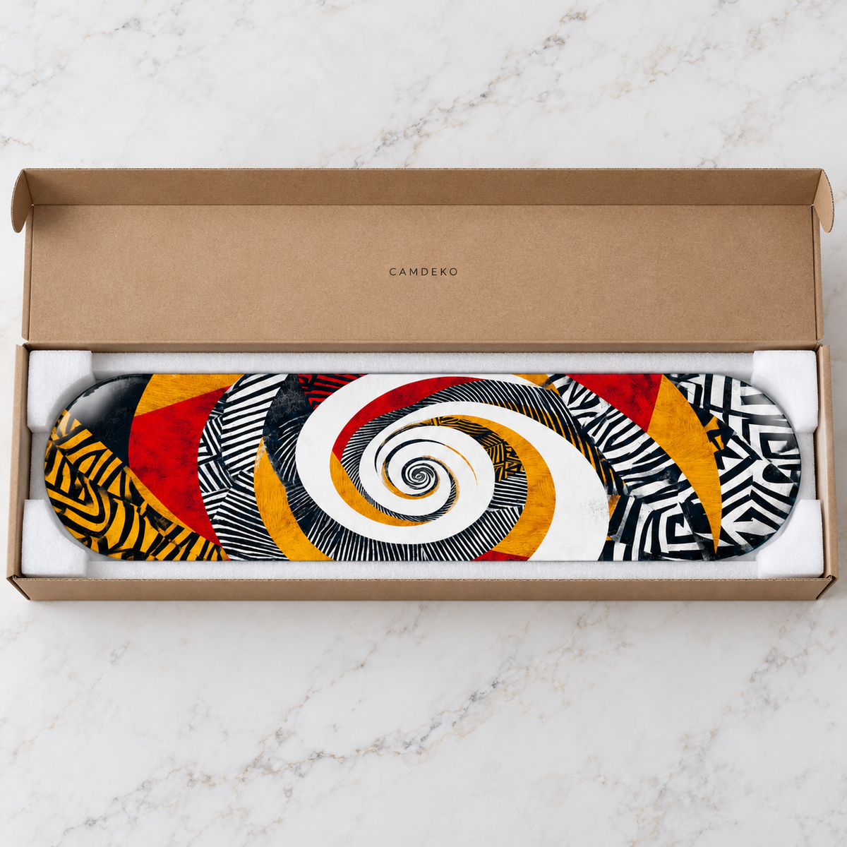 Beyaz Spiral ve Etnik Desenler yatay cam tablo — CAMDEKO koruyucu paketleme
