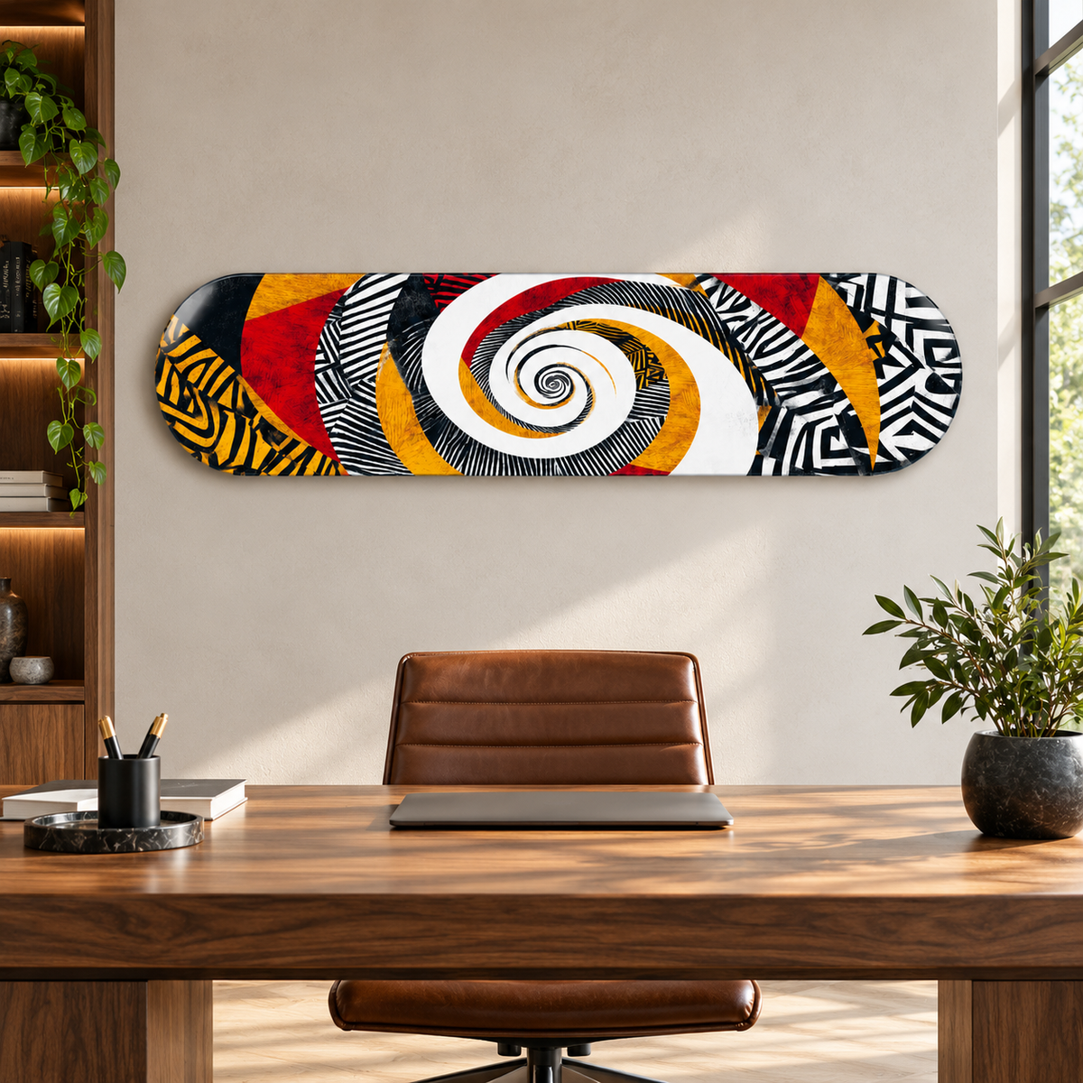 Beyaz Spiral ve Etnik Desenler yatay cam tablo — çalışma odası görünümü