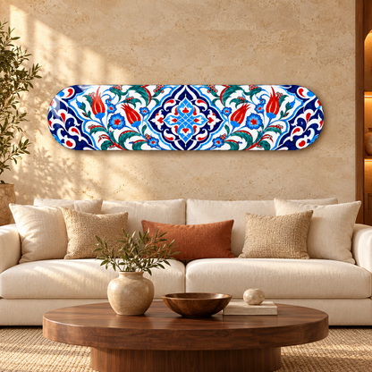Çini desenli yatay cam tablo salon dekorasyonu