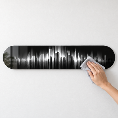 Siyah Gümüş Şehir Silüeti yatay cam tablo — mikrofiber bezle temizlik