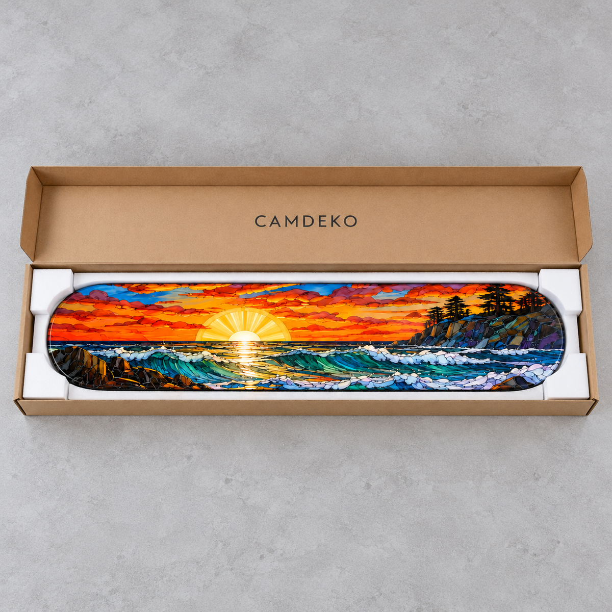 Gün batımı cam tablo CAMDEKO koruyucu ambalajında