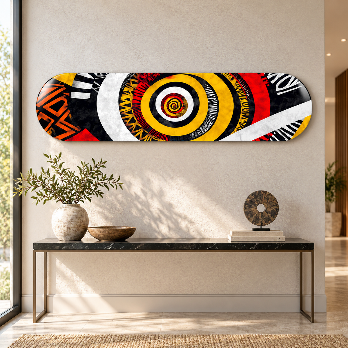 Sarı Spiral ve Etnik Desenler yatay cam tablo — antre görünümü