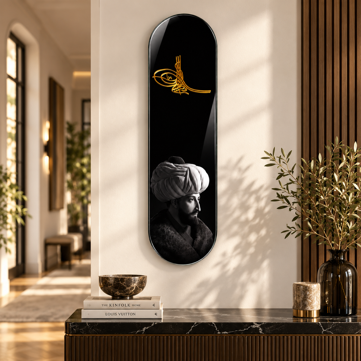 Osmanlı Tuğrası ve Siyah Beyaz Portre Dikey Skate Board Cam Tablo - Premium antre