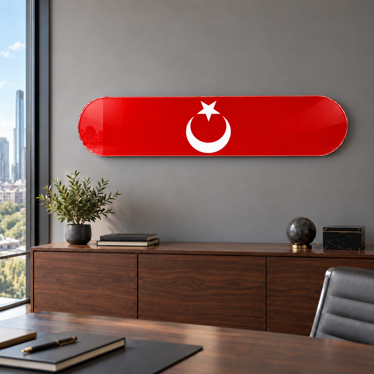 Yönetici ofisinde kırmızı hilal ve yıldız yatay kaykay cam tablo