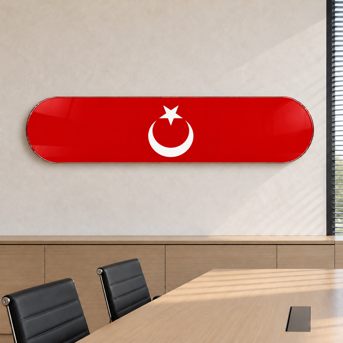 Toplantı odasında kırmızı hilal ve yıldız yatay kaykay cam tablo