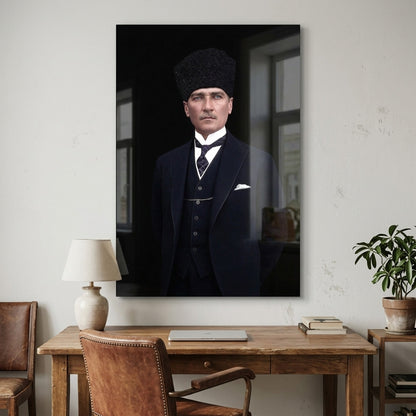 Mustafa Kemal Atatürk Kalpaklı Resmi Dikey Cam Tablo
