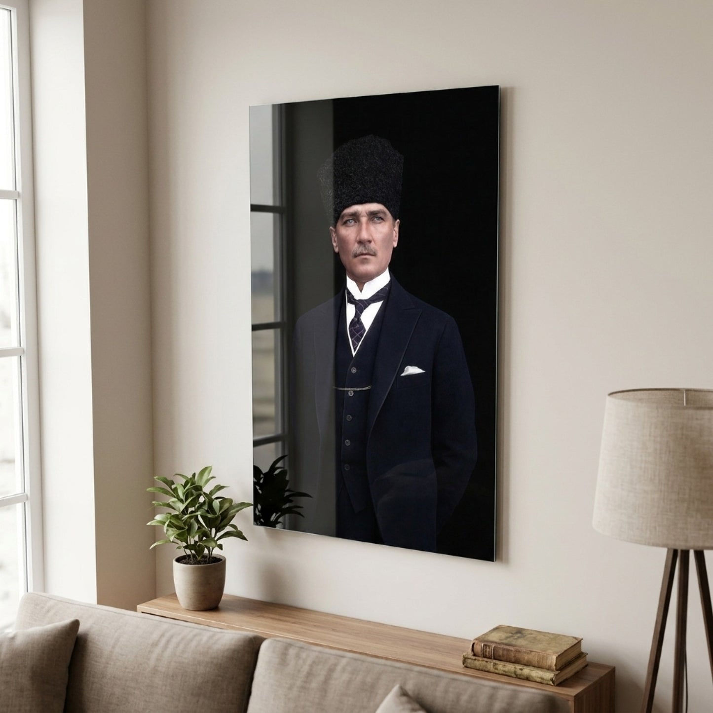 Mustafa Kemal Atatürk Kalpaklı Resmi Dikey Cam Tablo