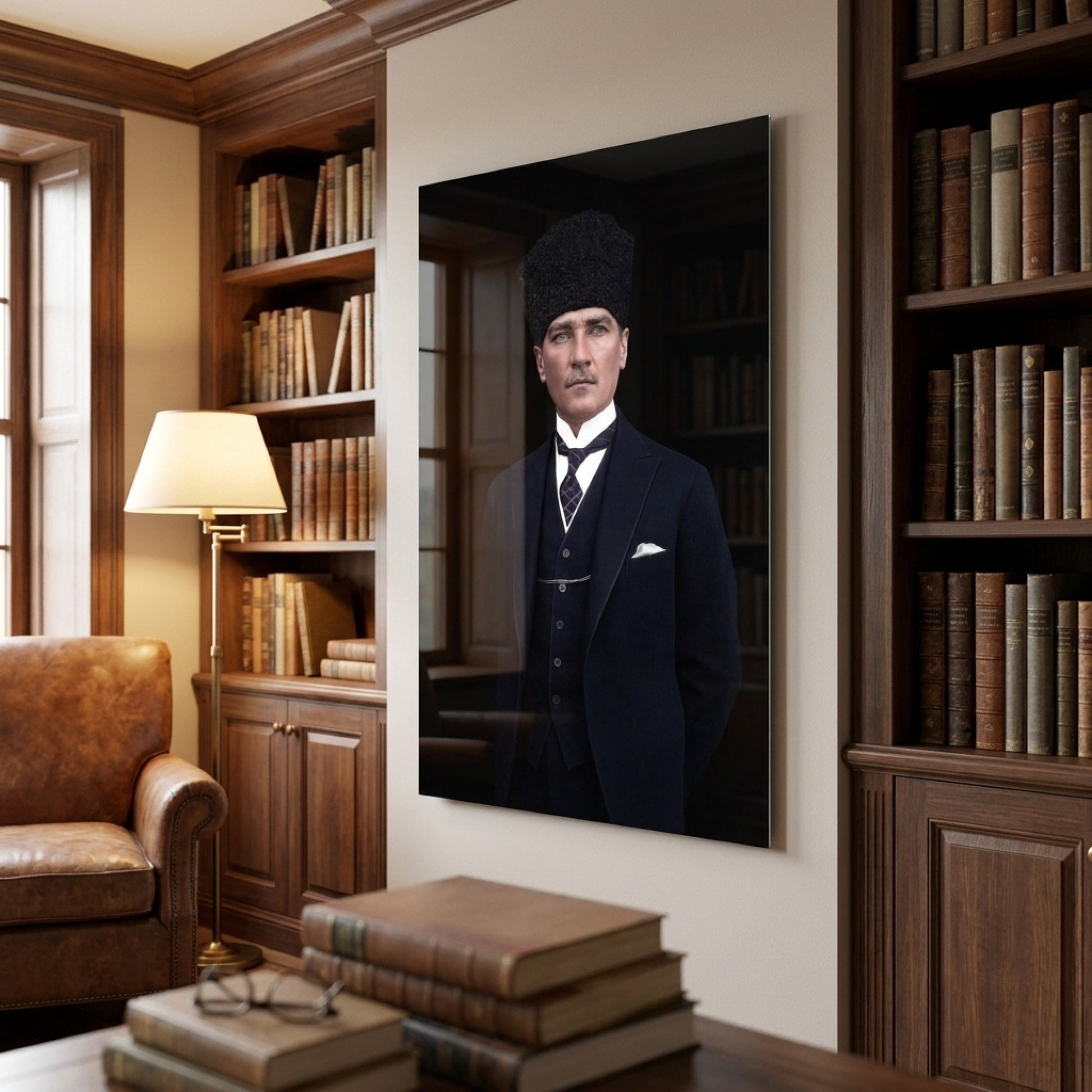 Mustafa Kemal Atatürk Kalpaklı Resmi Dikey Cam Tablo