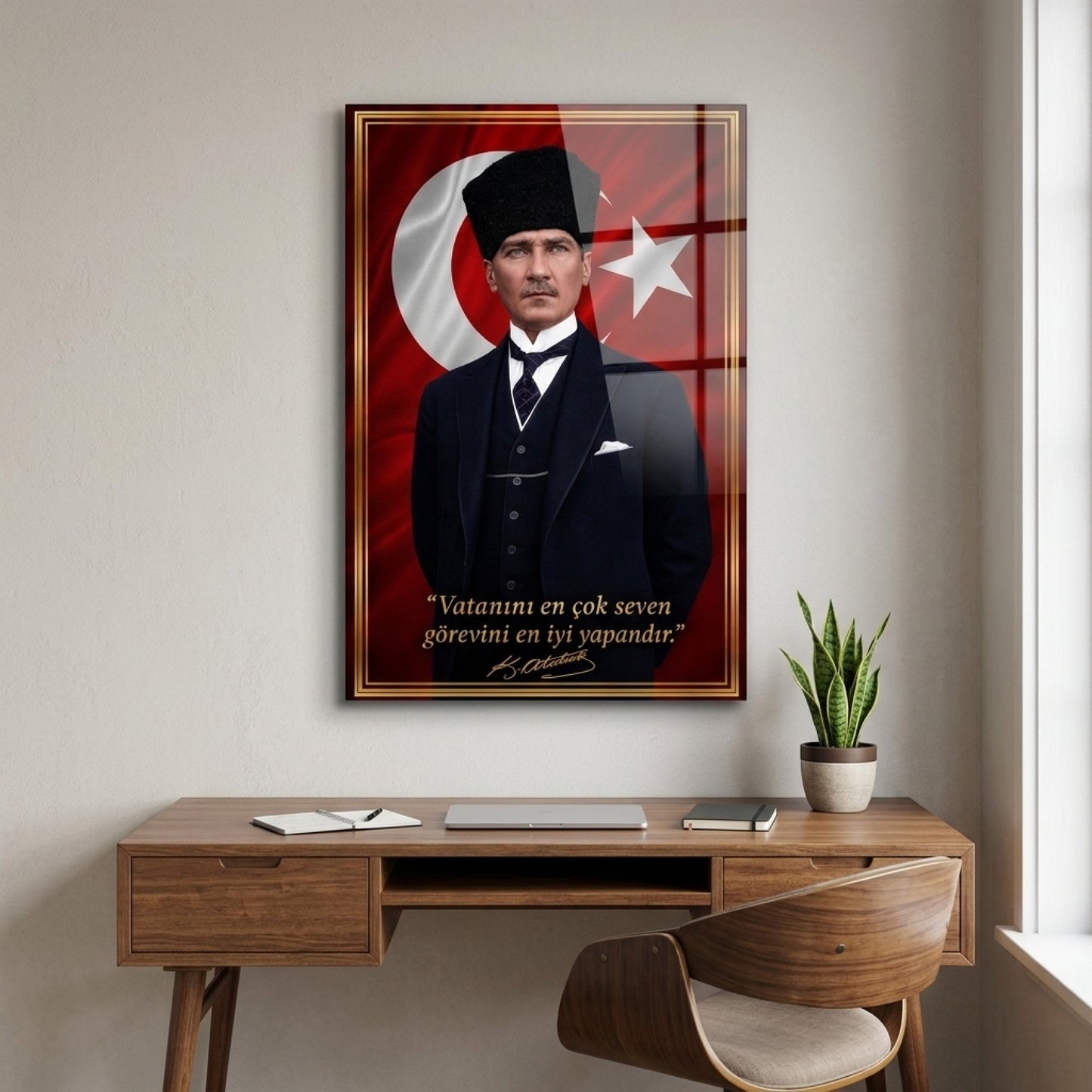 Kalpaklı Atatürk Türk Bayrağı ve Veciz Sözü Dikey Cam Tablo