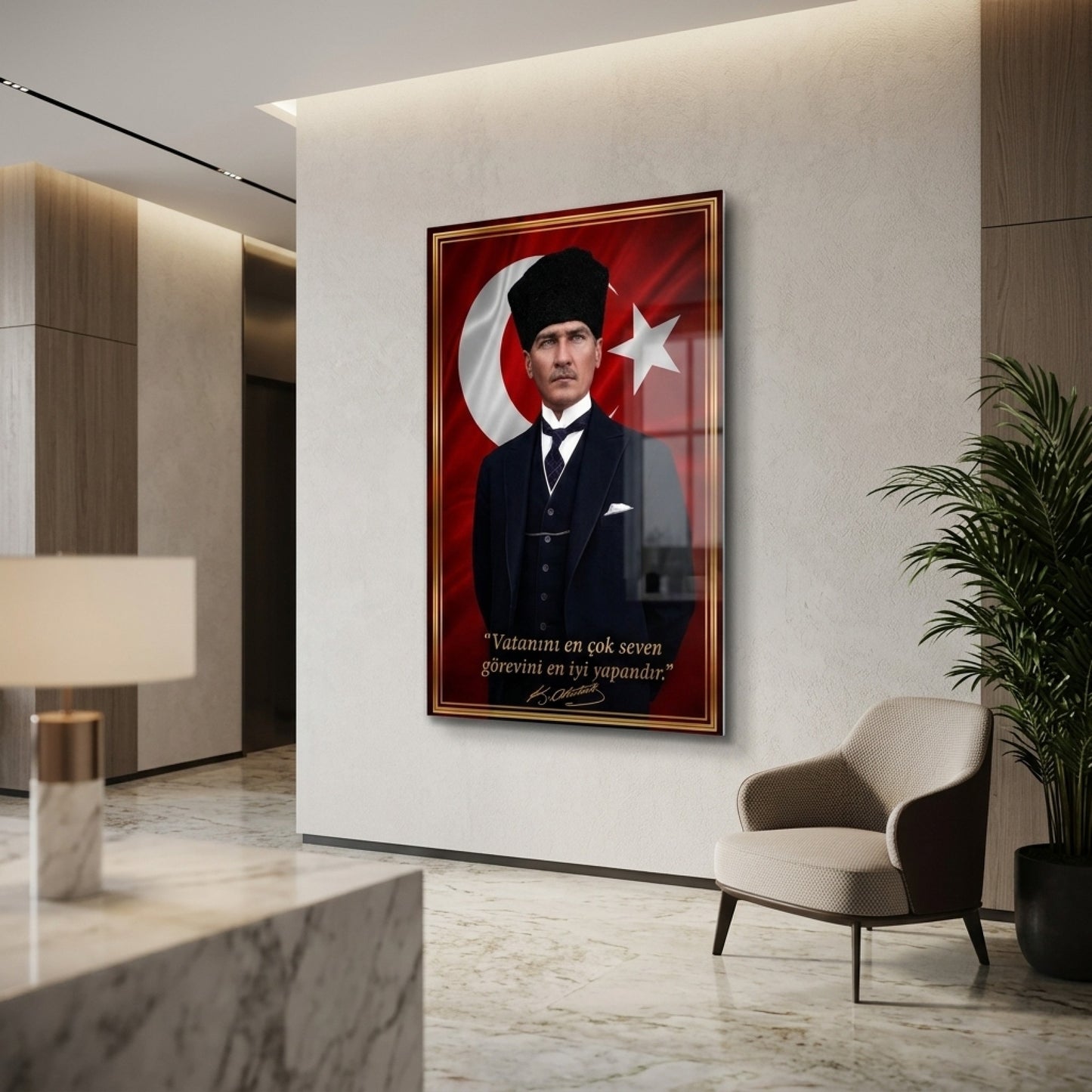 Kalpaklı Atatürk Türk Bayrağı ve Veciz Sözü Dikey Cam Tablo