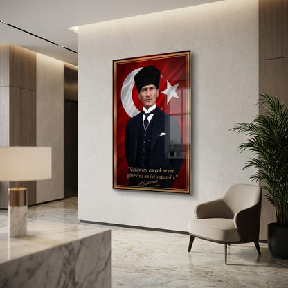 Kalpaklı Atatürk Türk Bayrağı ve Veciz Sözü Dikey Cam Tablo