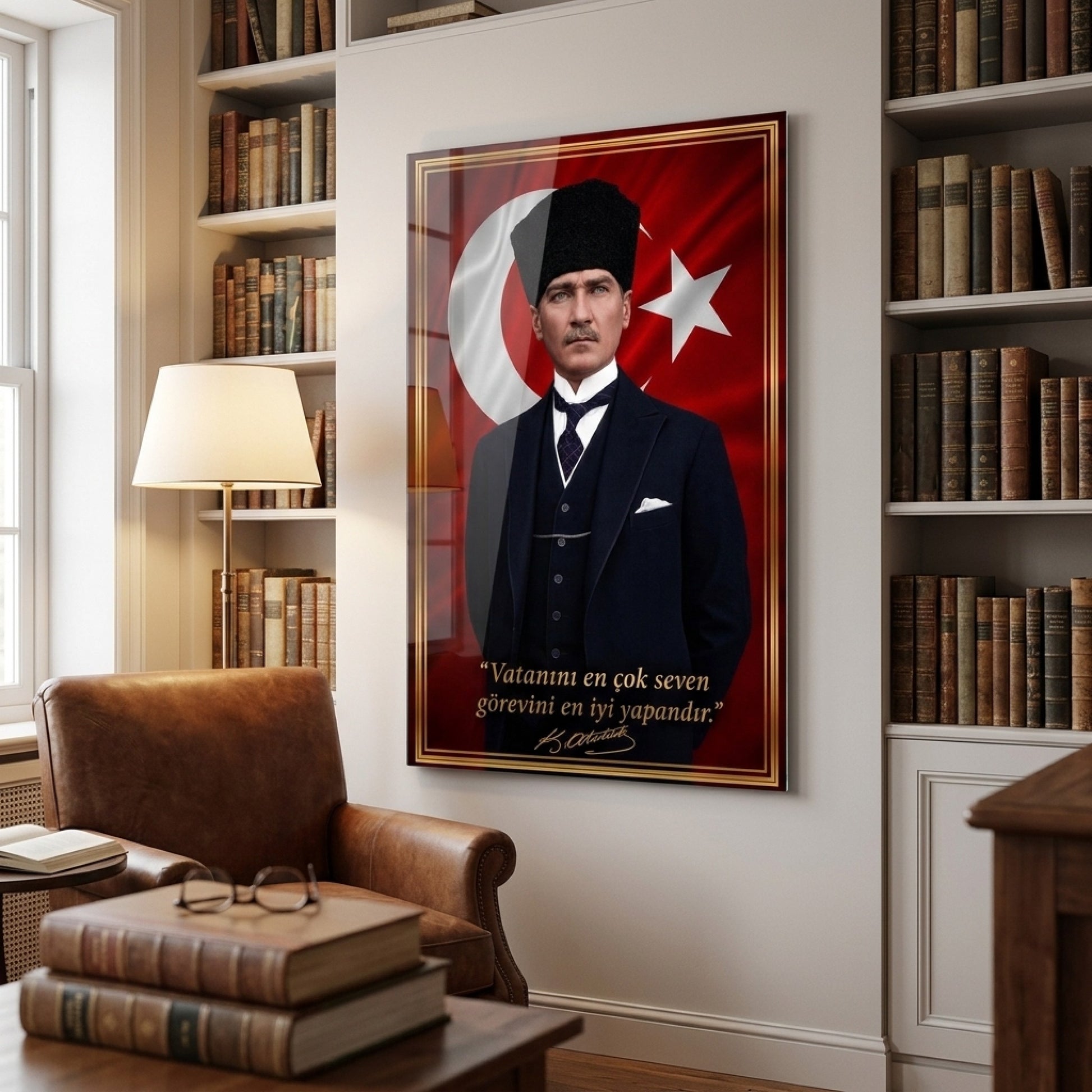 Kalpaklı Atatürk Türk Bayrağı ve Veciz Sözü Dikey Cam Tablo