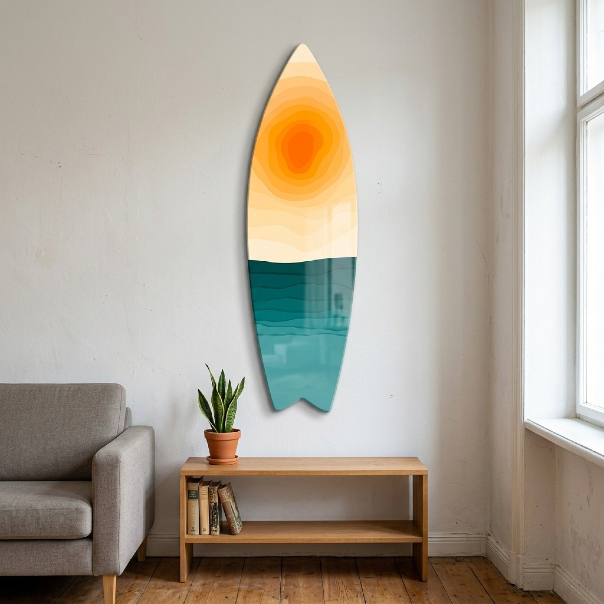 Soyut Deniz Manzaralı Turuncu ve Mavi Surf Board Cam Tablo