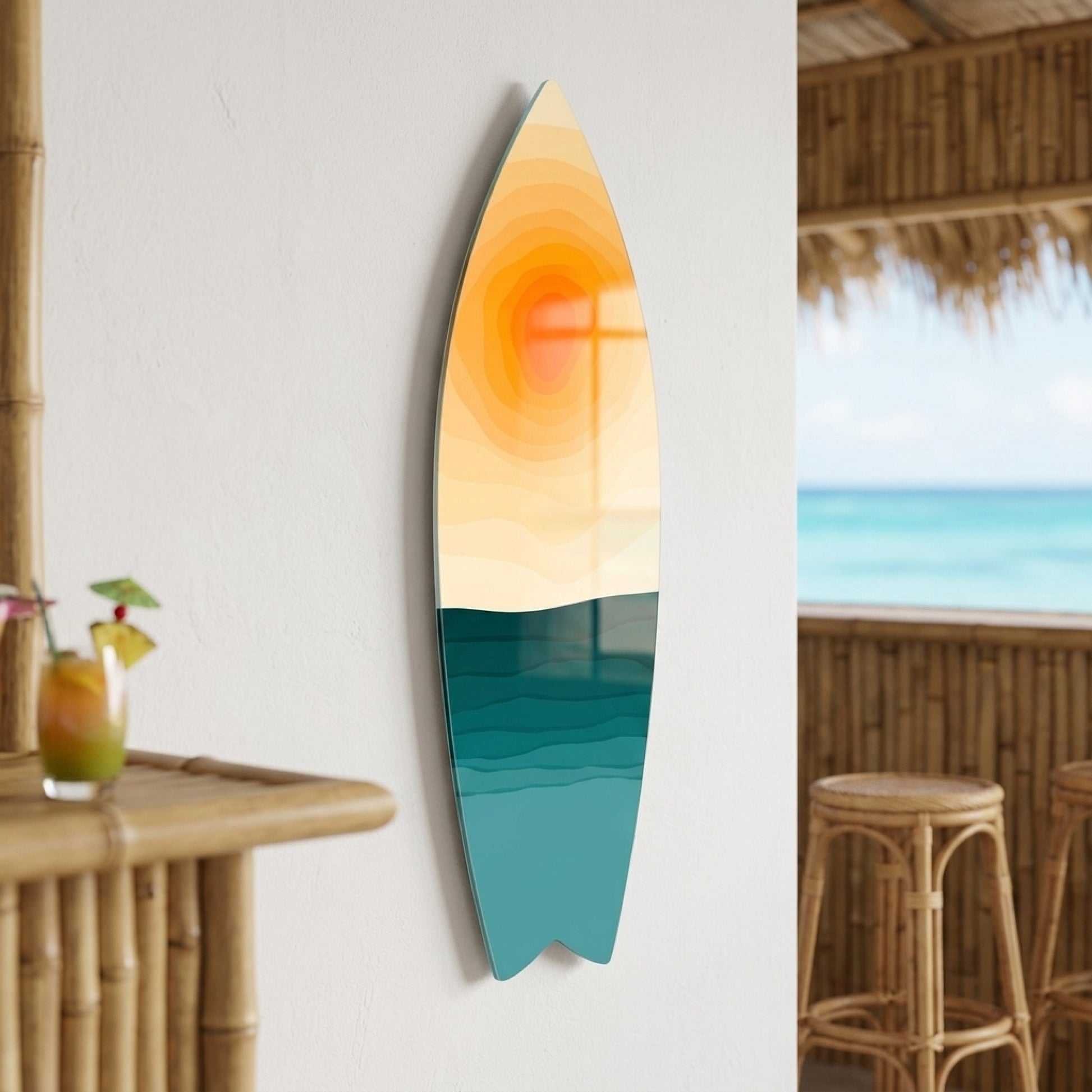 Soyut Deniz Manzaralı Turuncu ve Mavi Surf Board Cam Tablo