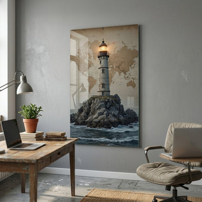 Eski Harita Temalı Deniz Feneri Sanat Dikey Cam Tablo
