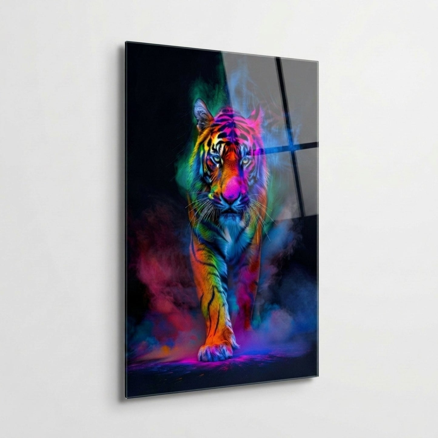 Renkli Neon Dumanlı Kaplan Sanatsal Dikey Cam Tablo
