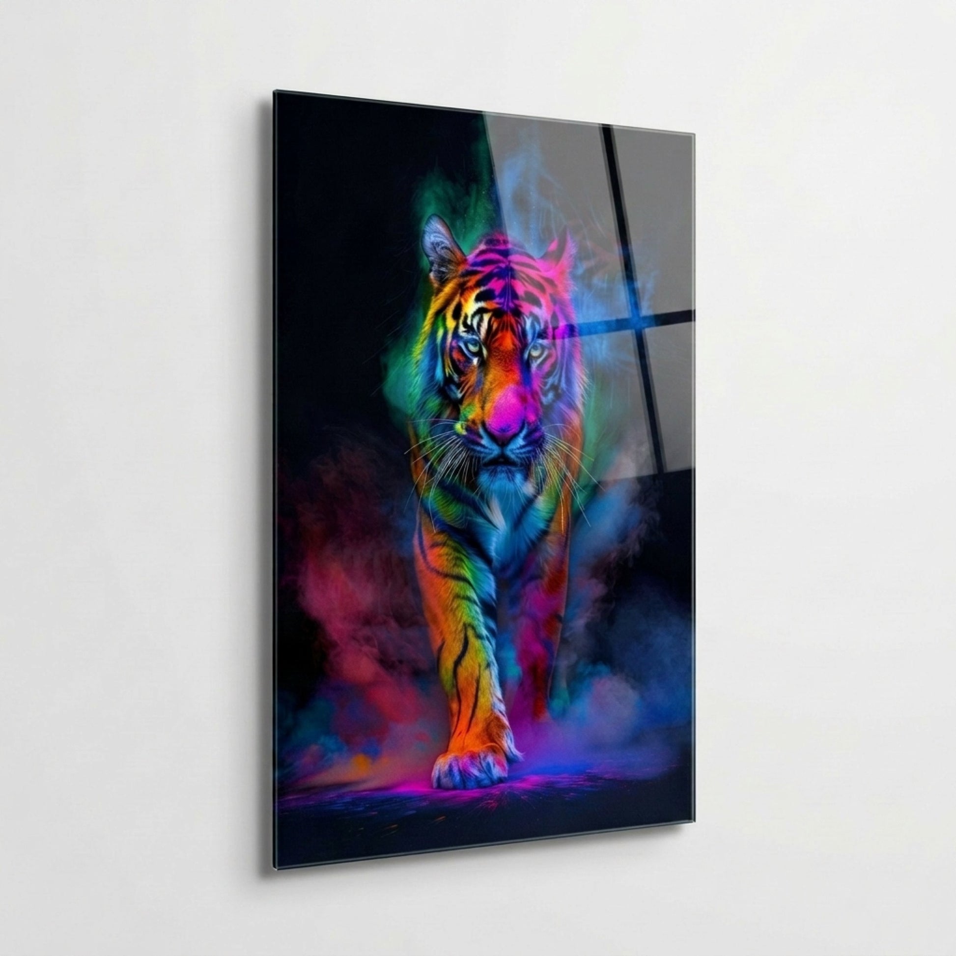 Renkli Neon Dumanlı Kaplan Sanatsal Dikey Cam Tablo