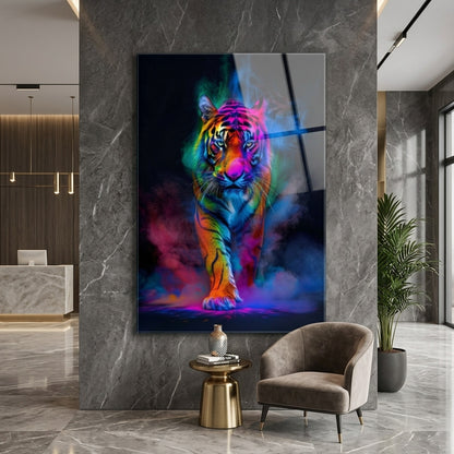 Renkli Neon Dumanlı Kaplan Sanatsal Dikey Cam Tablo