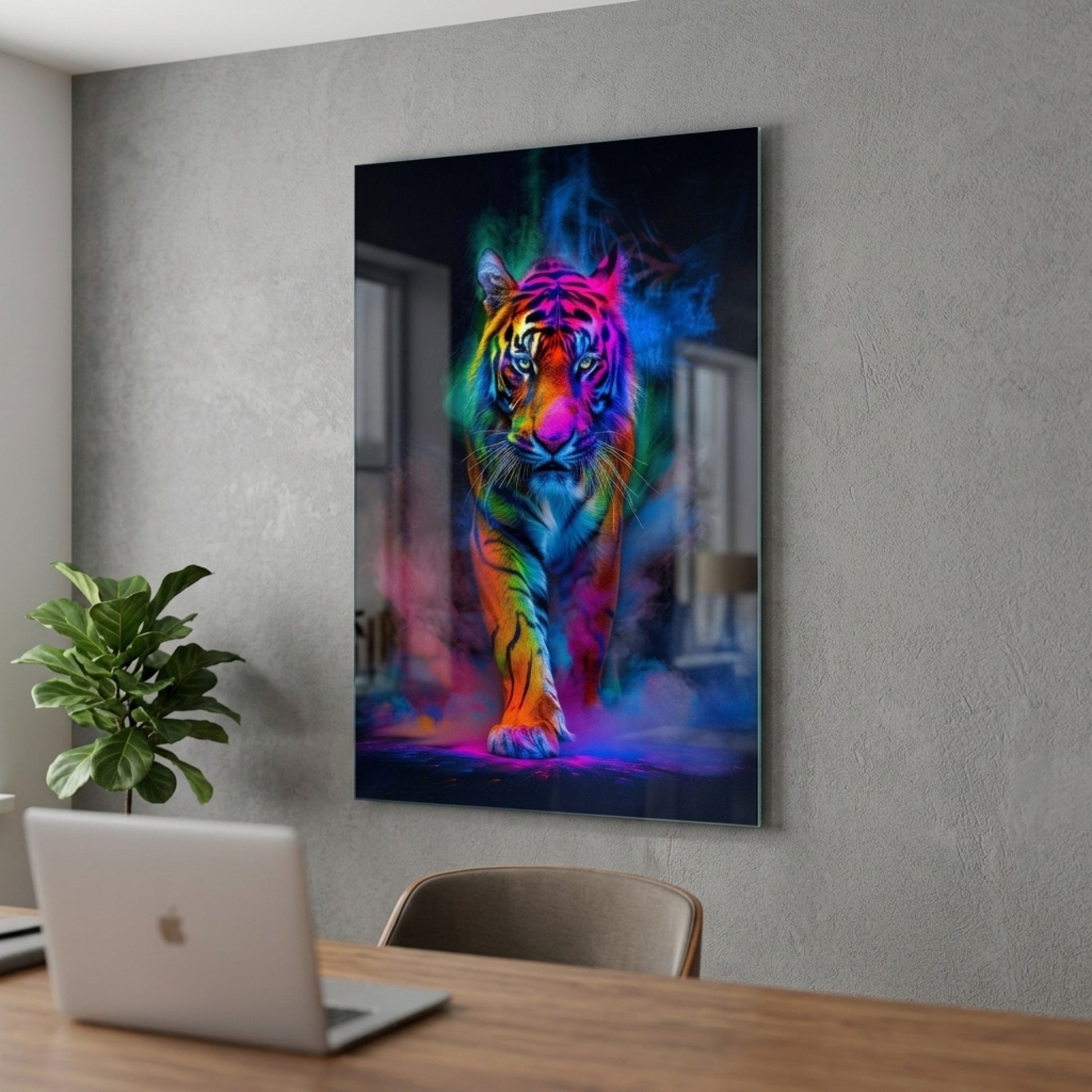 Renkli Neon Dumanlı Kaplan Sanatsal Dikey Cam Tablo