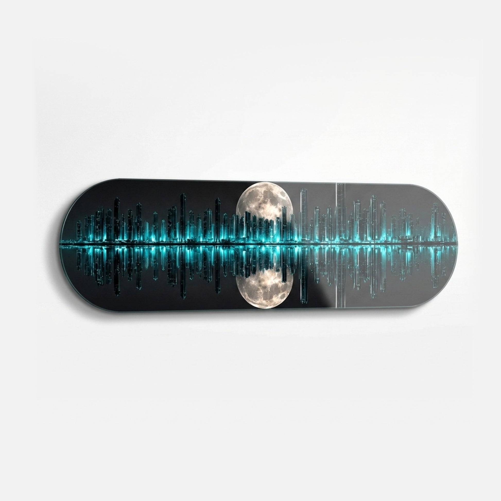 Modern Neon Şehir Manzarası Dolunay Yansımalı Skate Board Yatay Cam Tablo