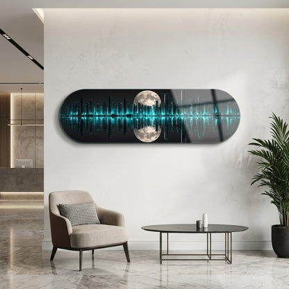 Modern Neon Şehir Manzarası Dolunay Yansımalı Skate Board Yatay Cam Tablo