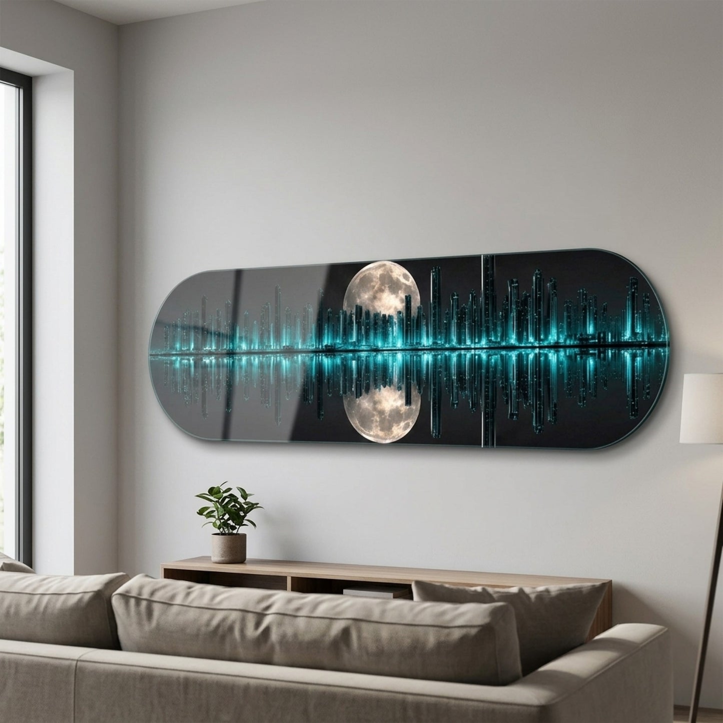 Modern Neon Şehir Manzarası Dolunay Yansımalı Skate Board Yatay Cam Tablo