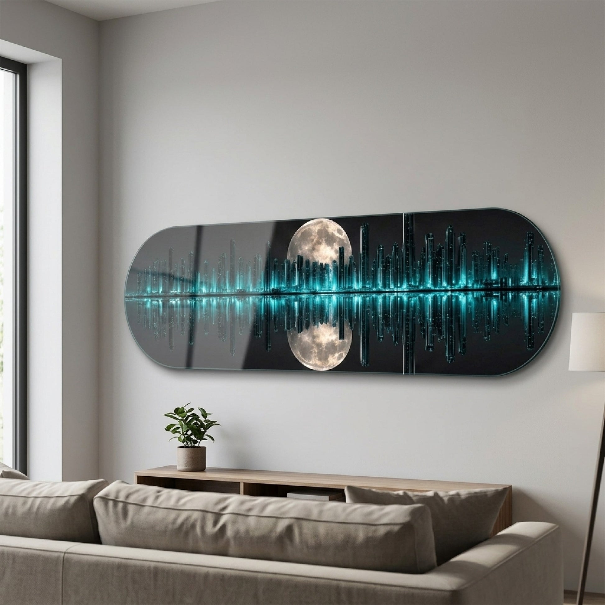 Modern Neon Şehir Manzarası Dolunay Yansımalı Skate Board Yatay Cam Tablo