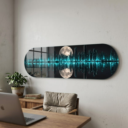Modern Neon Şehir Manzarası Dolunay Yansımalı Skate Board Yatay Cam Tablo