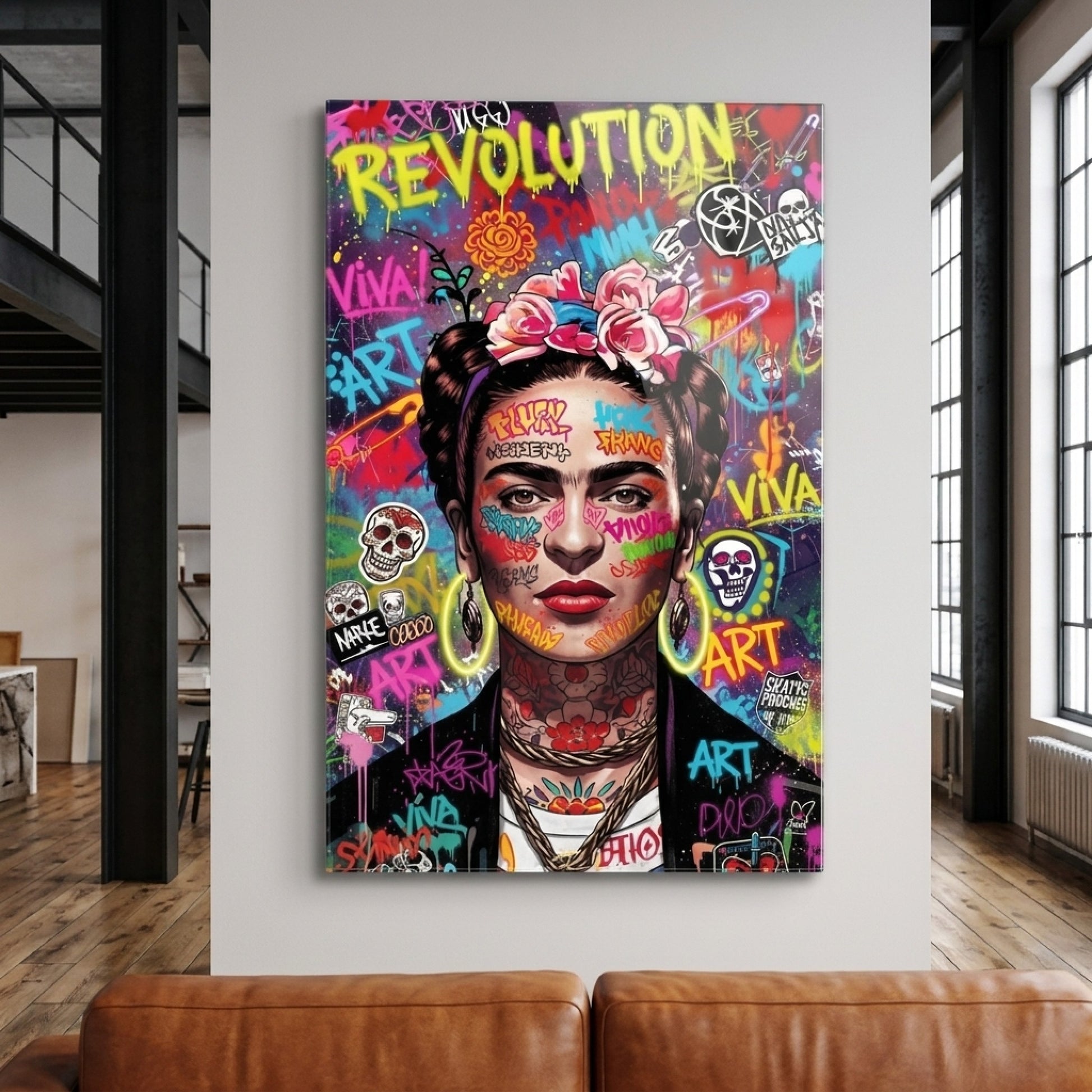 Grafiti Frida Kahlo Sokak Sanatı Portresi Dikey Cam Tablo
