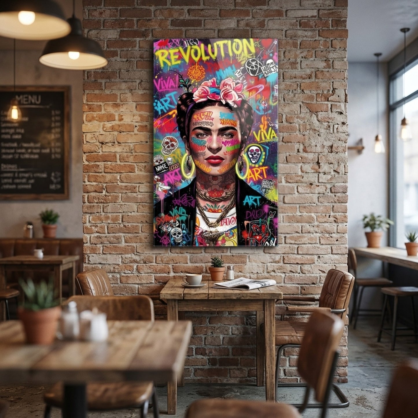 Grafiti Frida Kahlo Sokak Sanatı Portresi Dikey Cam Tablo