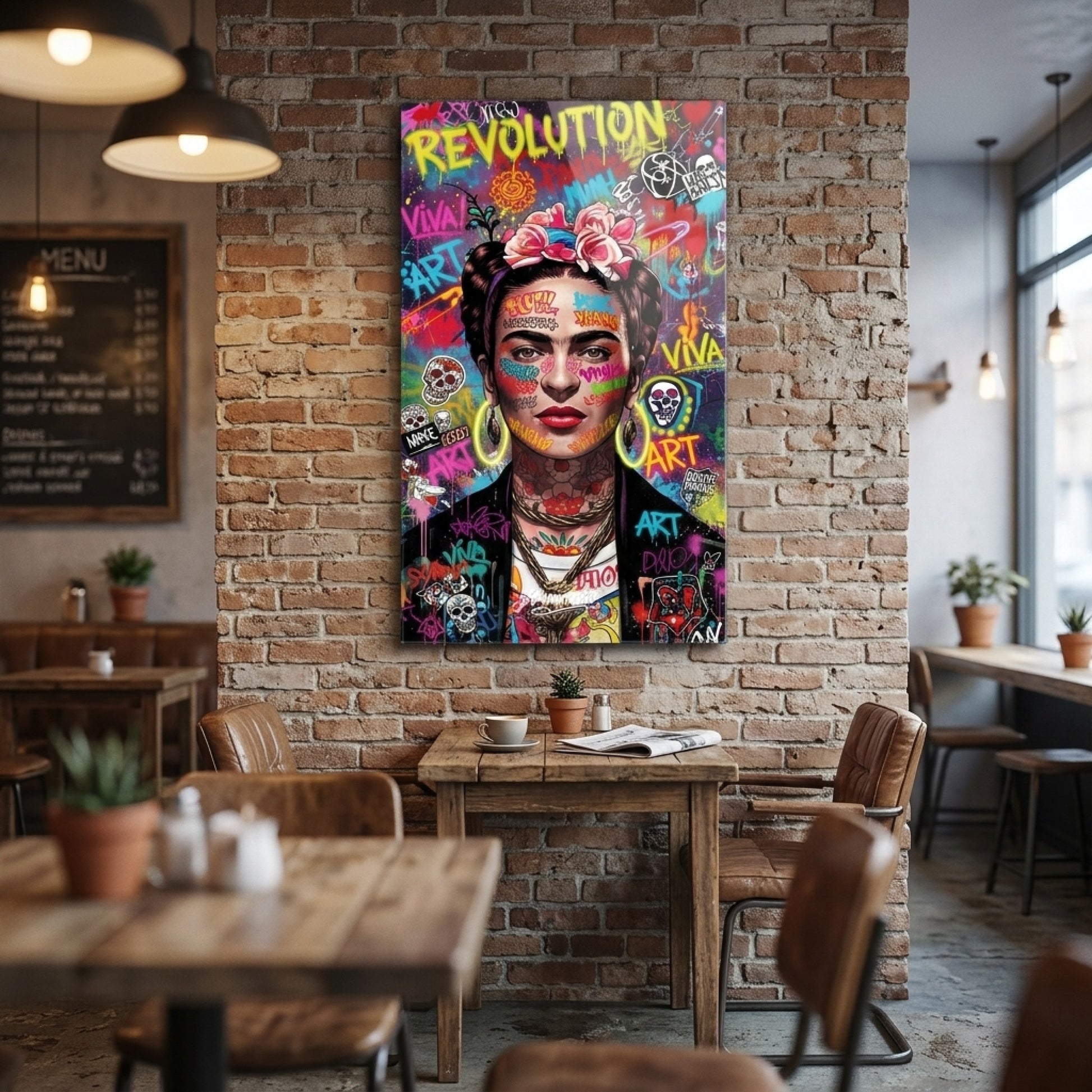 Grafiti Frida Kahlo Sokak Sanatı Portresi Dikey Cam Tablo