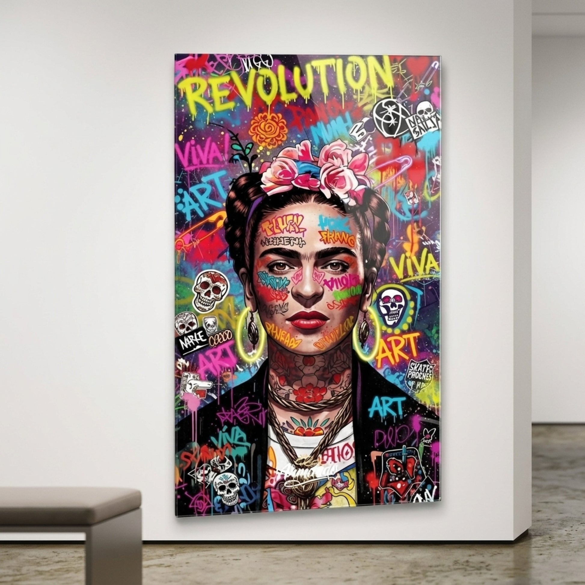 Grafiti Frida Kahlo Sokak Sanatı Portresi Dikey Cam Tablo