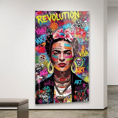 Grafiti Frida Kahlo Sokak Sanatı Portresi Dikey Cam Tablo