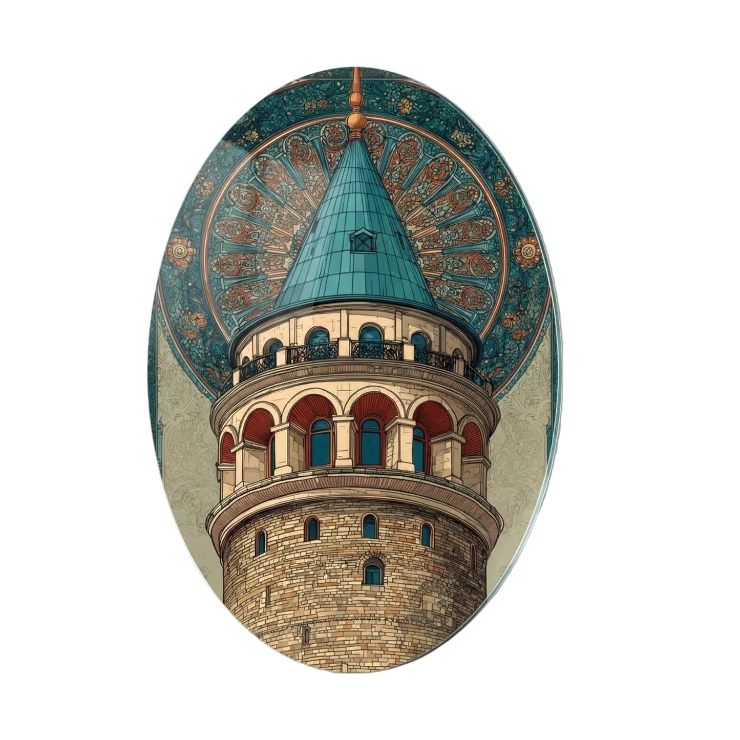 Art Nouveau Tarzı Galata Kulesi İstanbul İllüstrasyonu Oval Dikey Cam Tablo