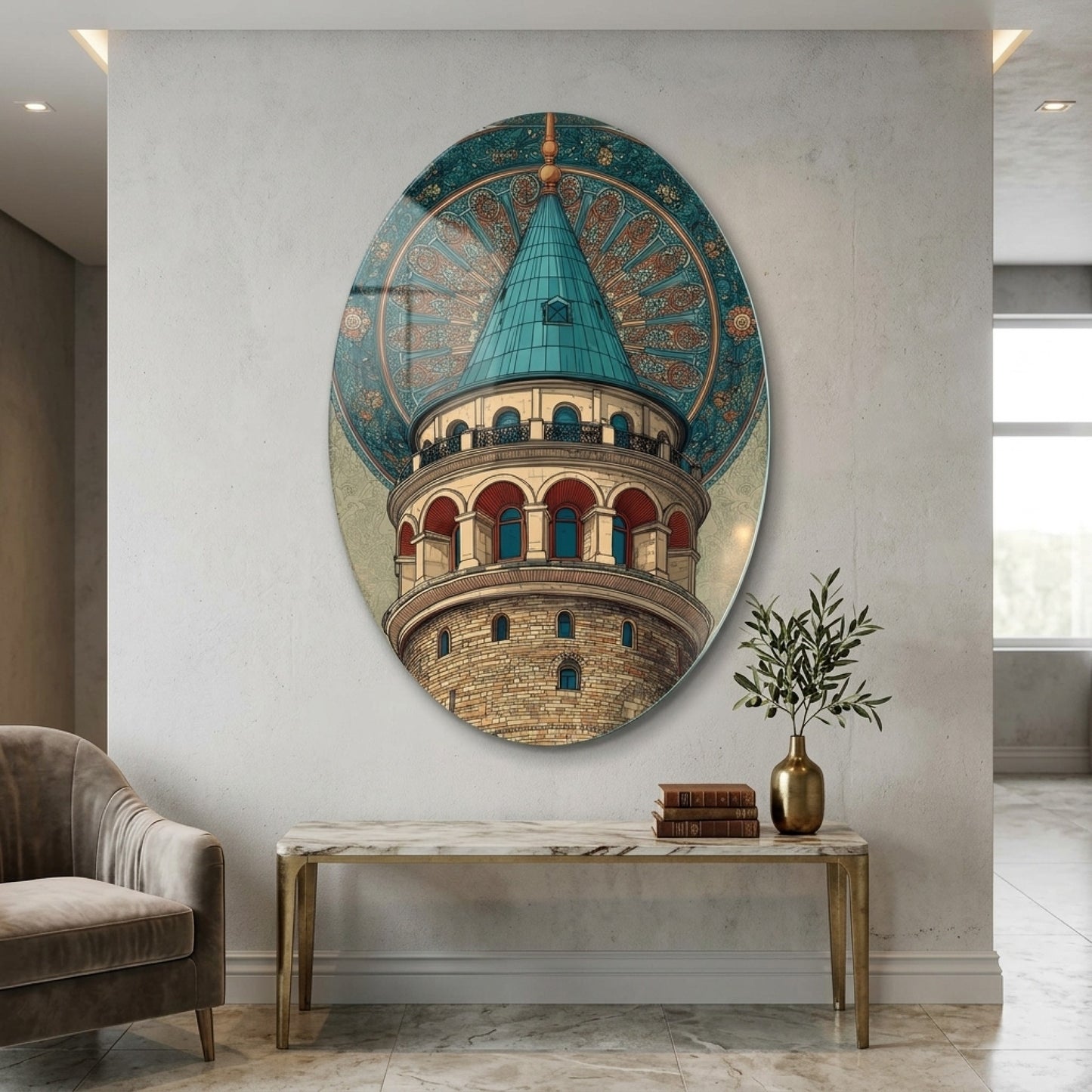 Art Nouveau Tarzı Galata Kulesi İstanbul İllüstrasyonu Oval Dikey Cam Tablo