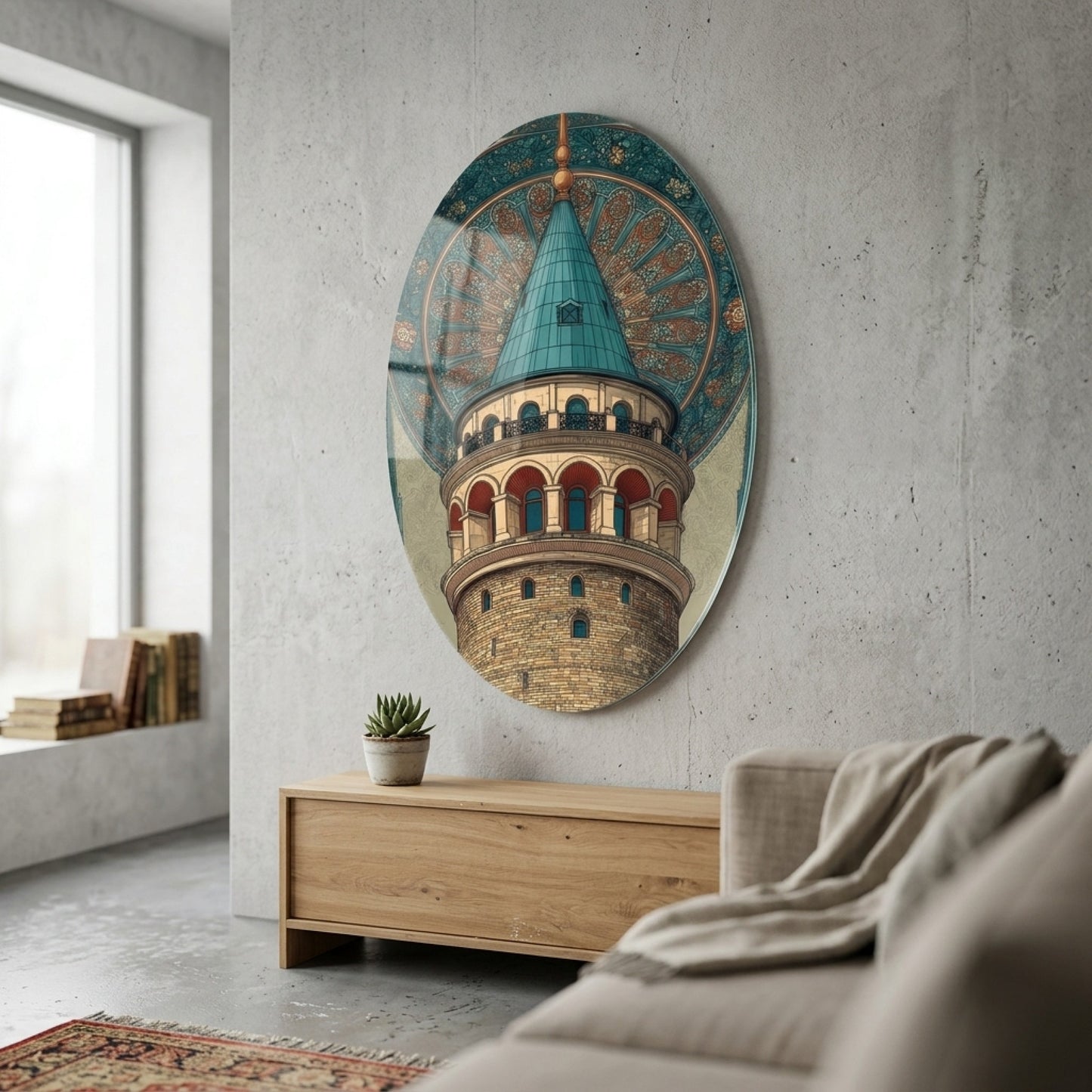 Art Nouveau Tarzı Galata Kulesi İstanbul İllüstrasyonu Oval Dikey Cam Tablo