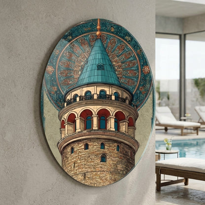 Art Nouveau Tarzı Galata Kulesi İstanbul İllüstrasyonu Oval Dikey Cam Tablo