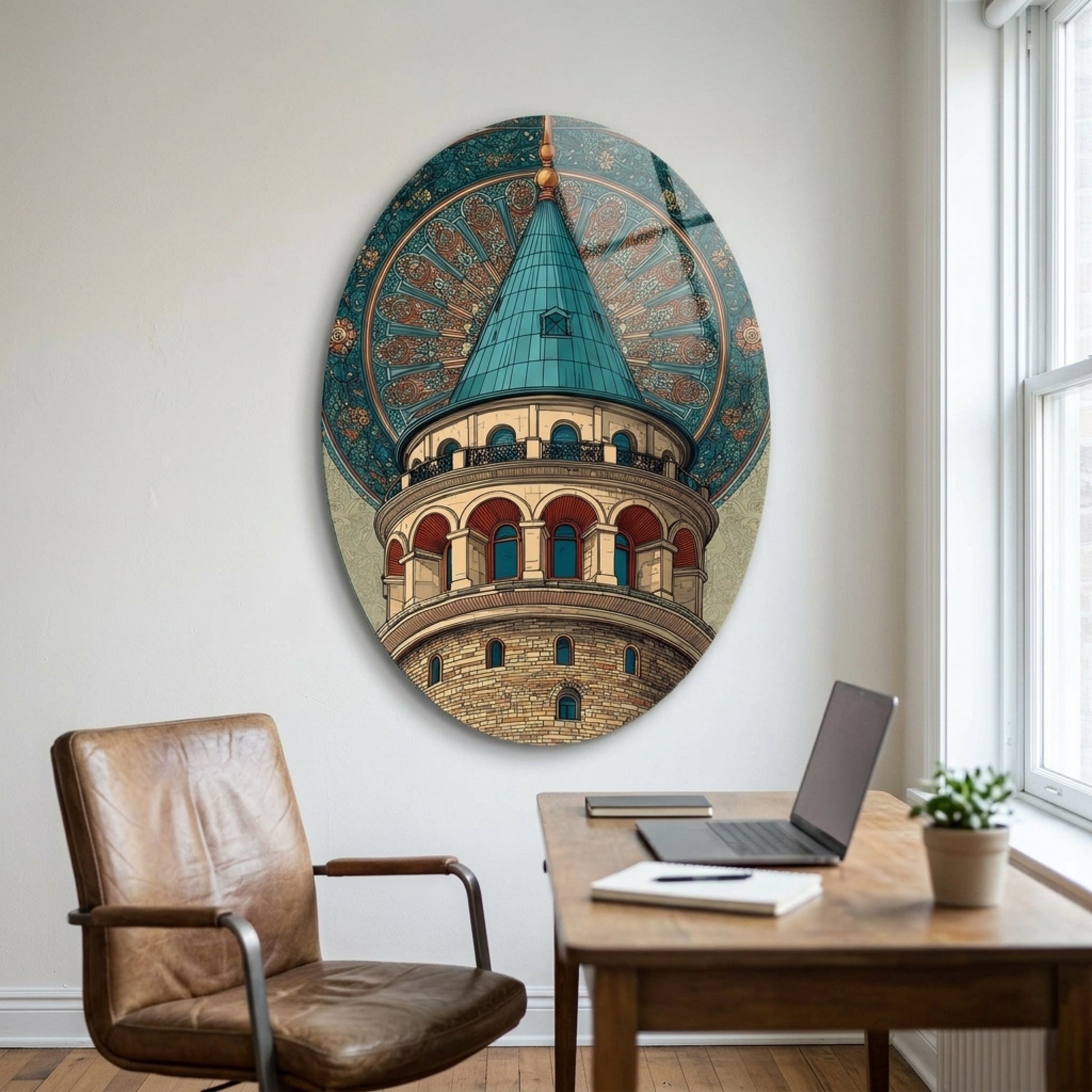 Art Nouveau Tarzı Galata Kulesi İstanbul İllüstrasyonu Oval Dikey Cam Tablo