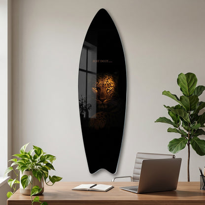 Karanlık Leopar Gözleri Motivasyon Yazılı Surf Board Cam Tablo