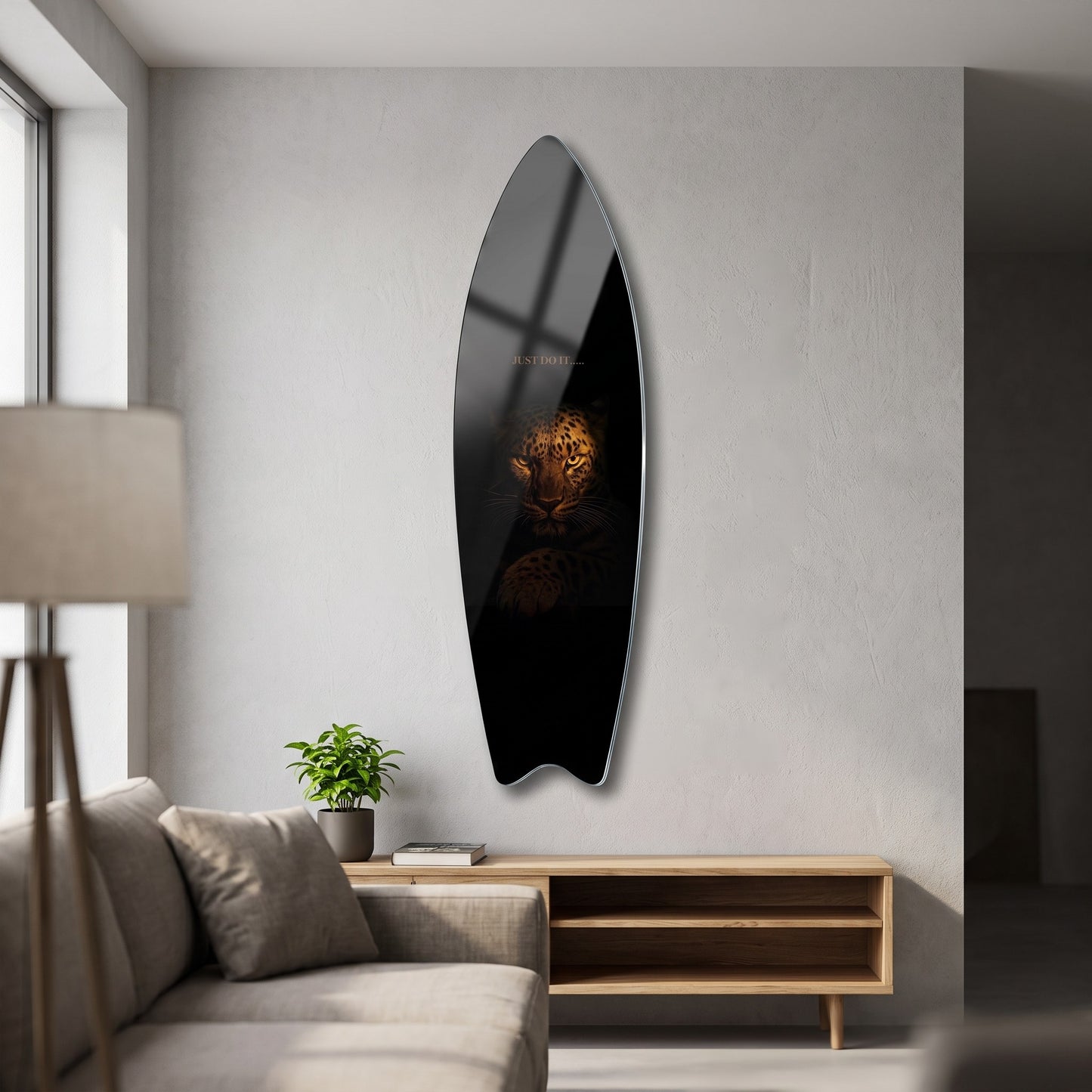 Karanlık Leopar Gözleri Motivasyon Yazılı Surf Board Cam Tablo