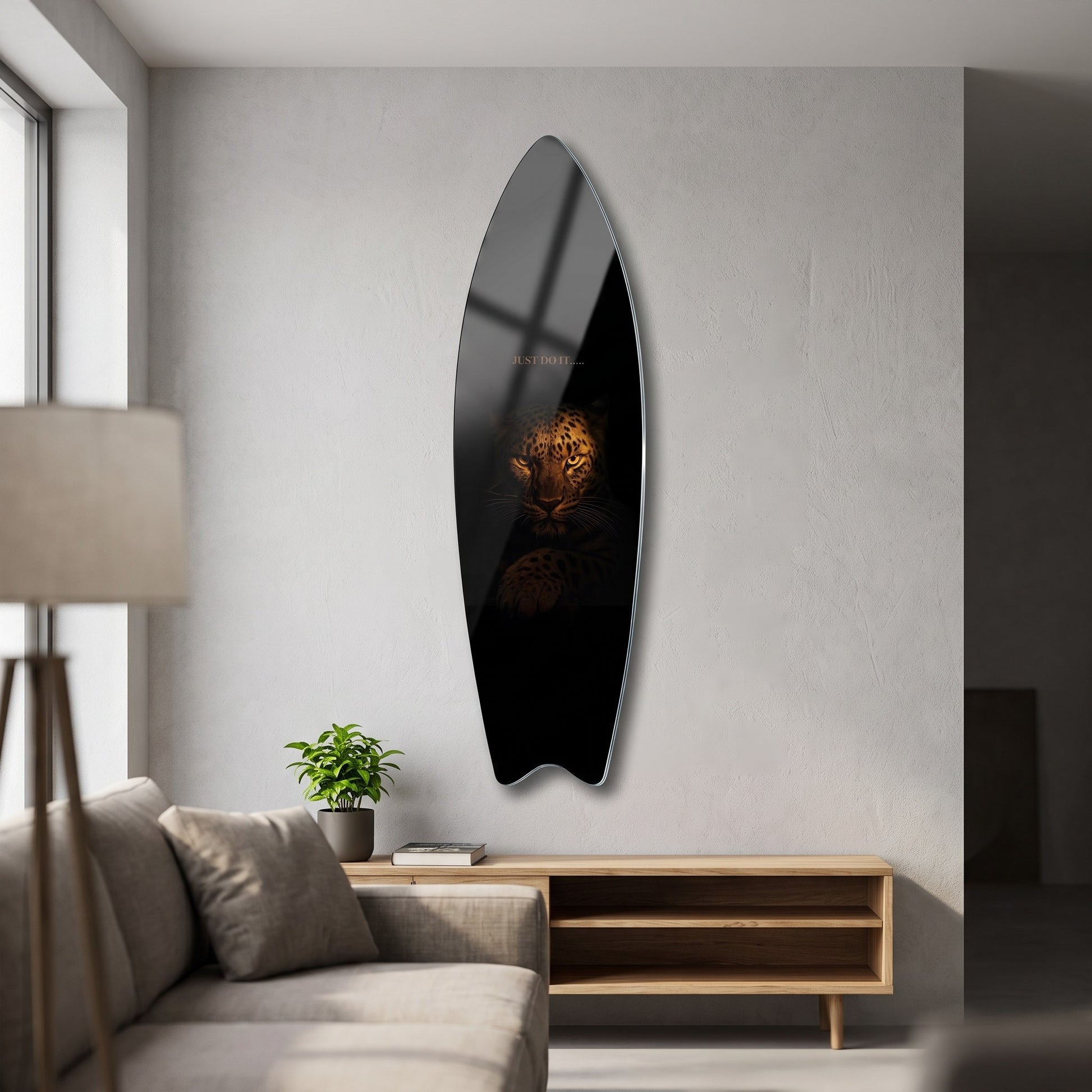 Karanlık Leopar Gözleri Motivasyon Yazılı Surf Board Cam Tablo