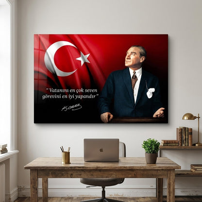 Atatürk Bayraklı ve Sözlü Duvar Dekoru Yatay Cam Tablo