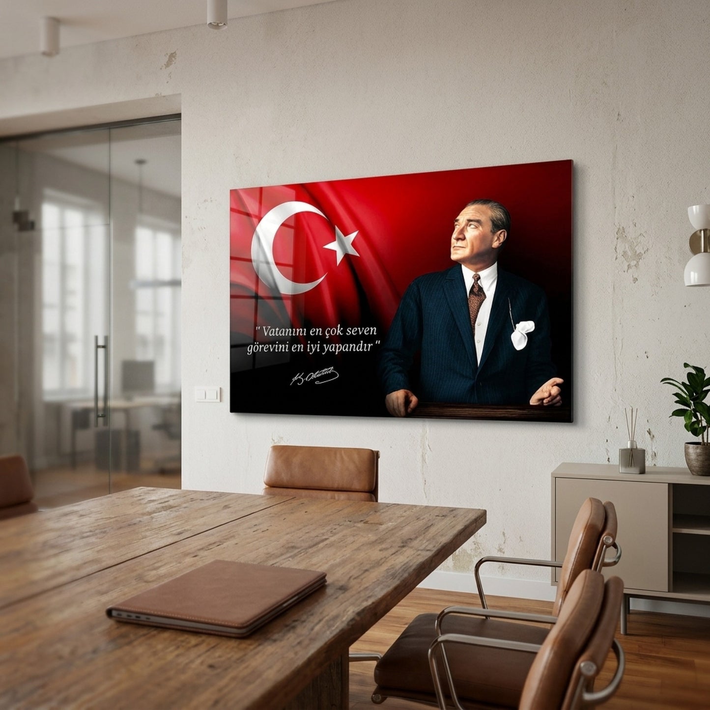 Atatürk Bayraklı ve Sözlü Duvar Dekoru Yatay Cam Tablo