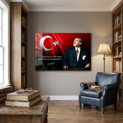 Atatürk Bayraklı ve Sözlü Duvar Dekoru Yatay Cam Tablo