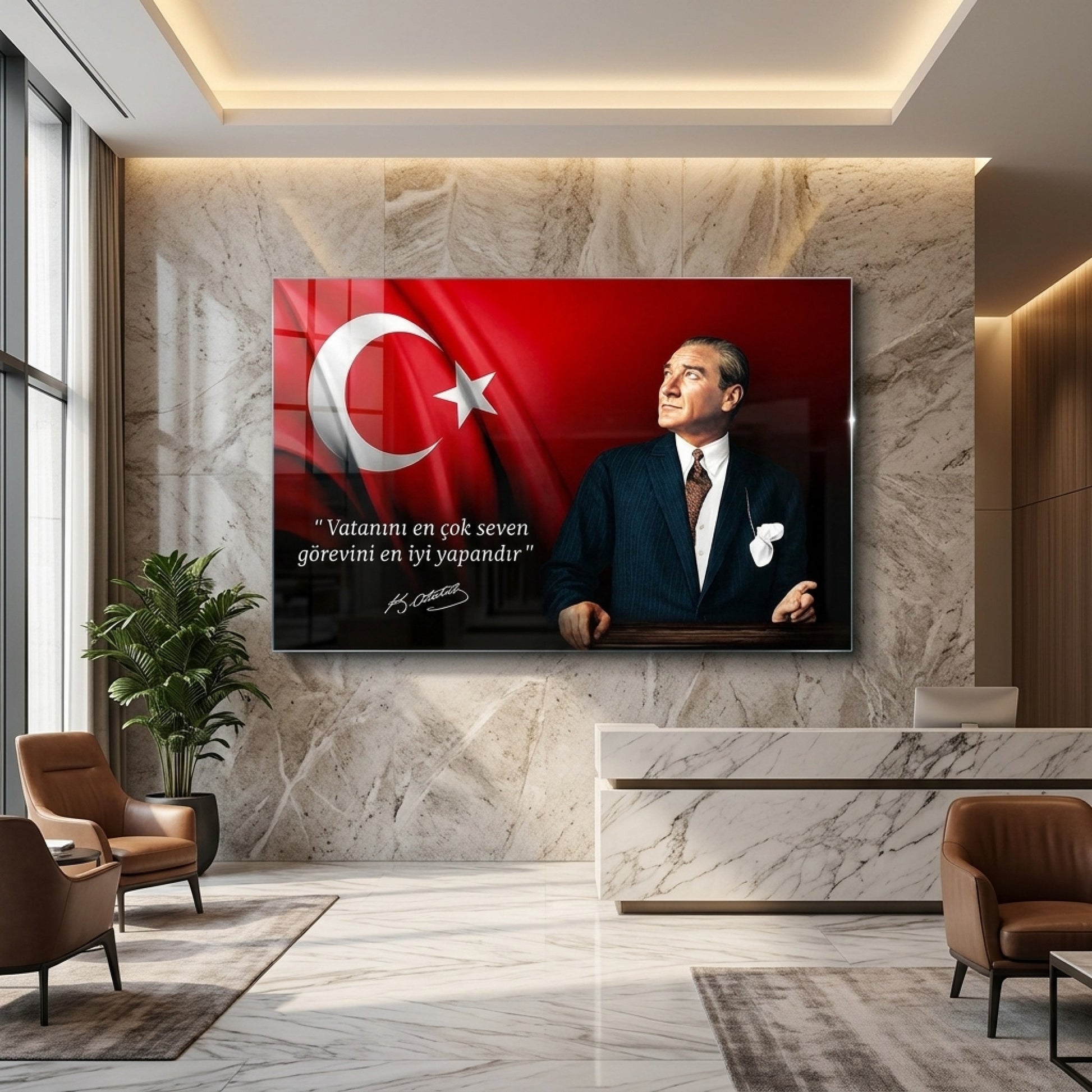 Atatürk Bayraklı ve Sözlü Duvar Dekoru Yatay Cam Tablo
