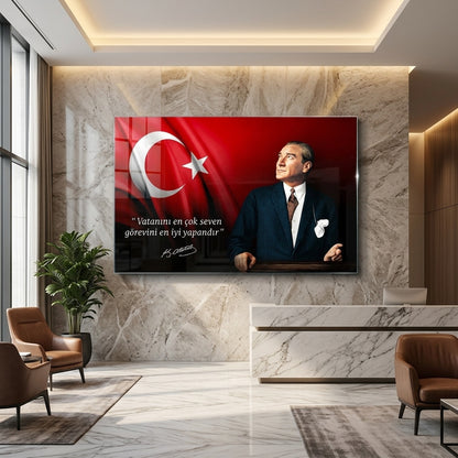 Atatürk Bayraklı ve Sözlü Duvar Dekoru Yatay Cam Tablo