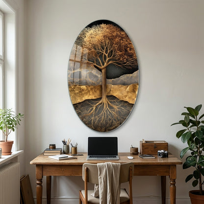 Modern Altın Detaylı Hayat Ağacı Duvar Dekoru Oval Dikey Cam Tablo